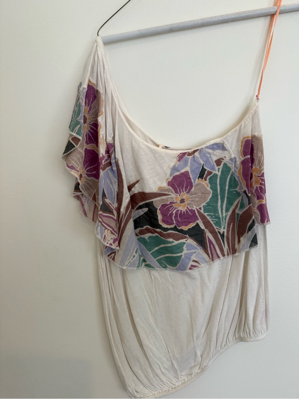 Free People Cream Floral One-Shoulder Tank Top with Purple Accents